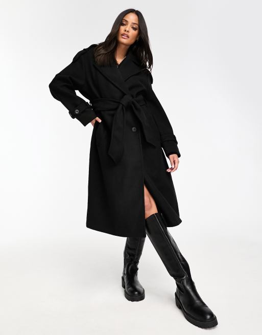 Bershka wool trench coat in black