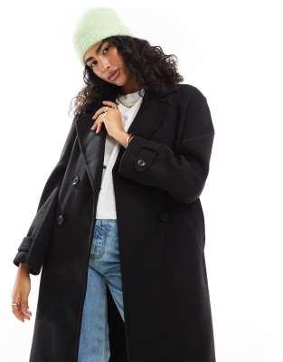 Bershka Wool Trench Coat In Black