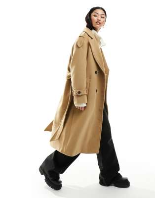 Bershka wool trench coat in camel-Neutral