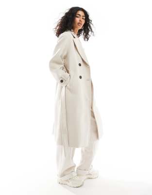 Bershka Wool Trench Coat In Stone-neutral