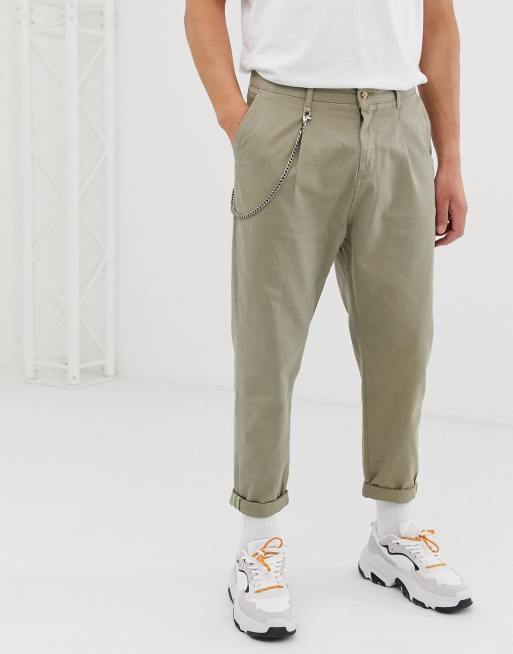 Bershka worker pant with chain in light khaki