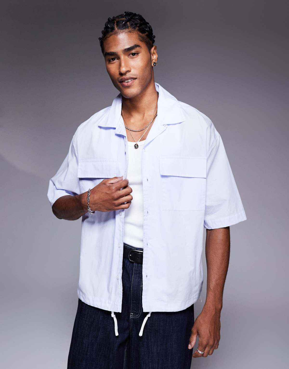 Bershka worker shirt with drawstring hem in blue