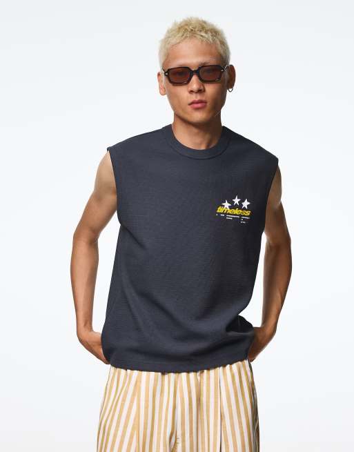 Bershka Worker t-shirt with textured print in blue, 2 of 4