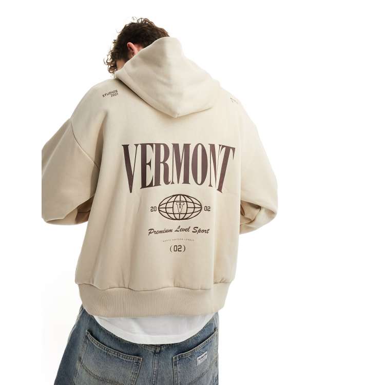 Bershka world embroidery hoodie in stone