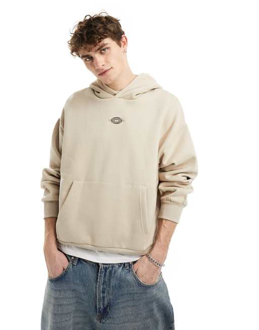 Bershka world embroidery hoodie in stone