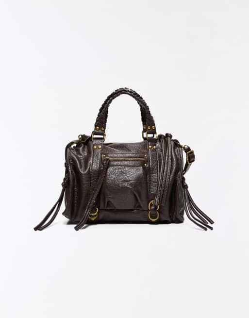 Bershka Worn-effect bowling bag with straps in brown, 4 of 4