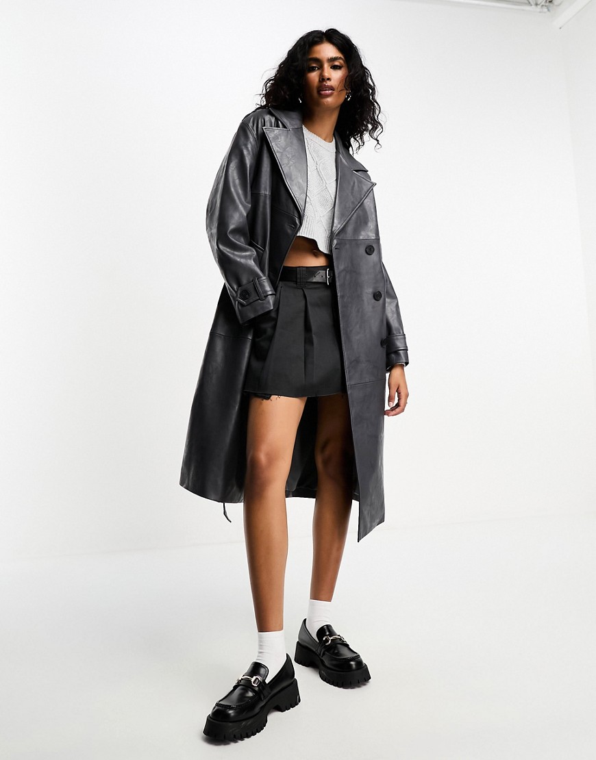 Bershka worn faux leather trench coat in washed grey