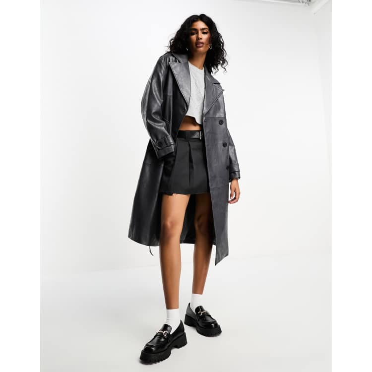 Bershka worn faux leather trench coat in washed grey