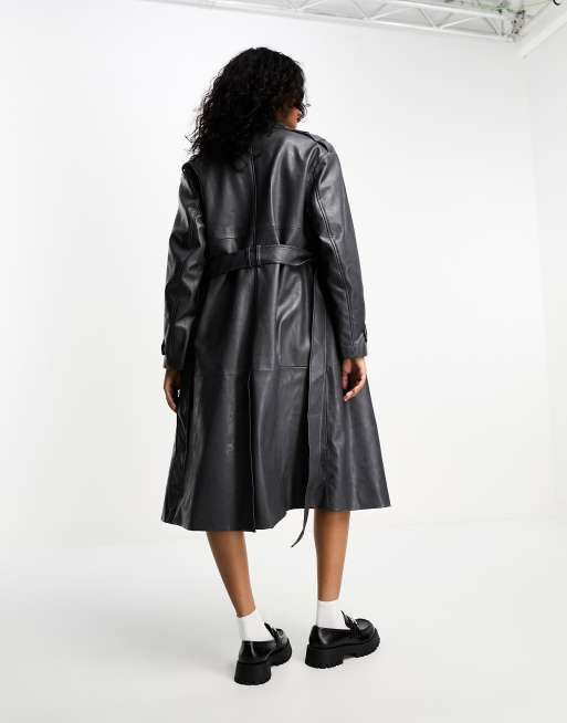 Pull&Bear belted faux leather trench coat in khaki