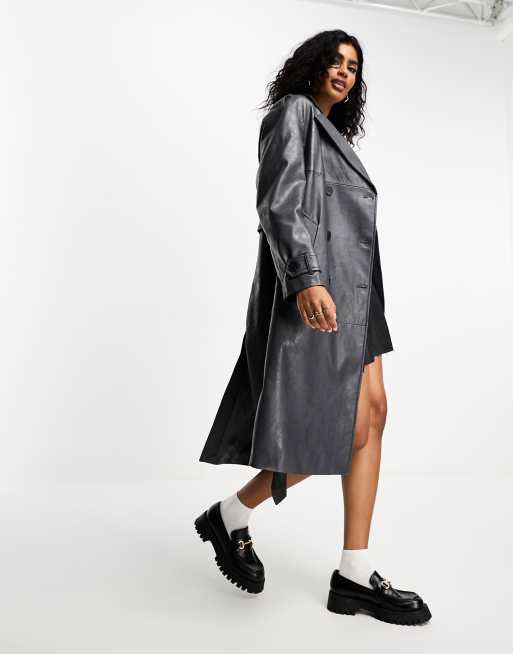 Grey leather sales trench coat