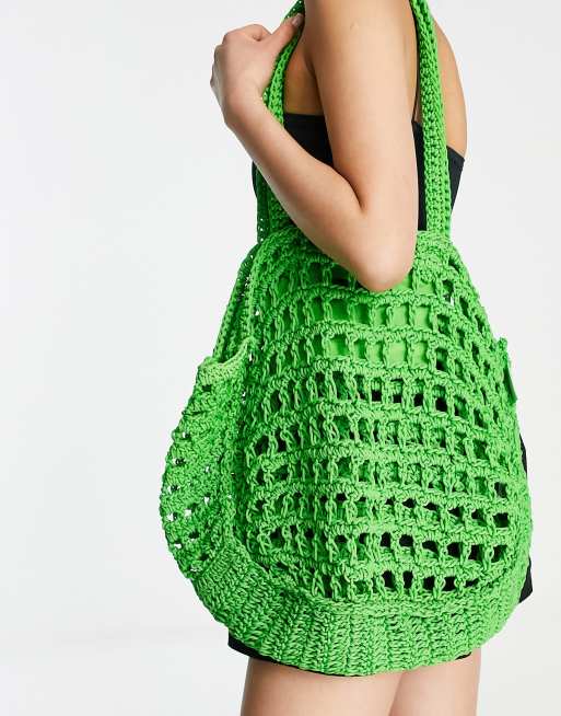 Bershka woven shopper bag in bright green, 2 of 4