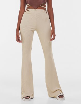 Bershka wrap around flare pant in beige-Neutral