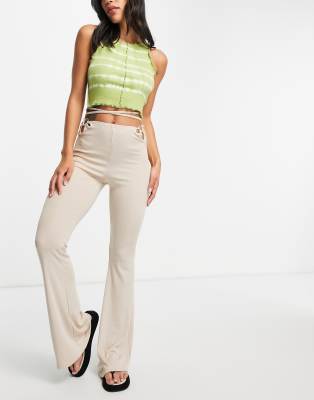 Bershka wrap around flare trouser in beige - ASOS Price Checker