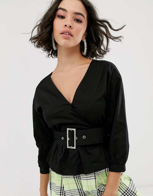 Bershka wrap front tie waist blouse in black
