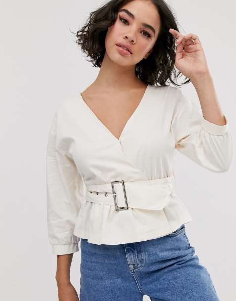 Bershka wrap front tie waist blouse in ecru - view 1