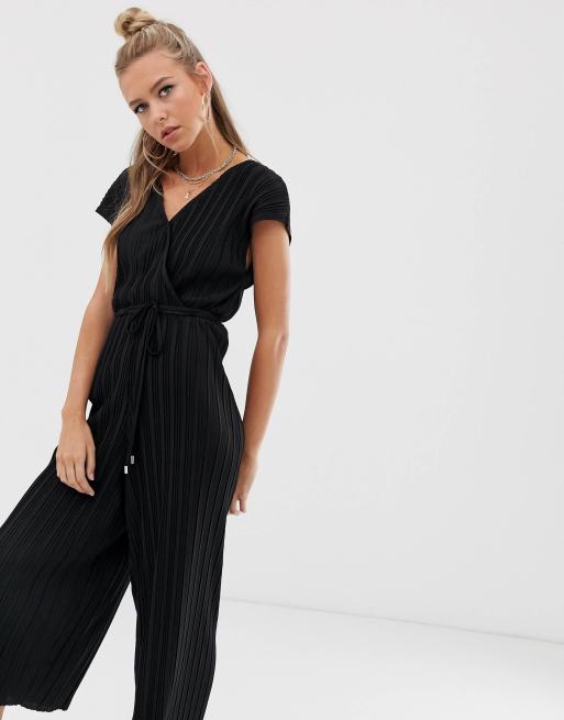 Bershka wrap plisse jumpsuit in black | ASOS