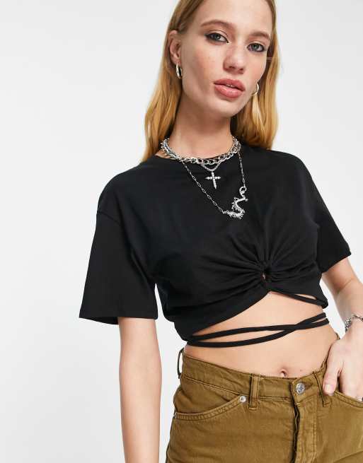 Bershka wraparound basic crop tee in black