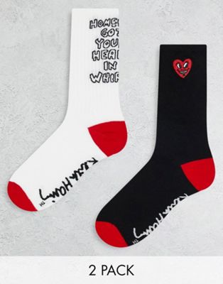 Bershka x Keith Haring 2 pack printed socks in white and black
