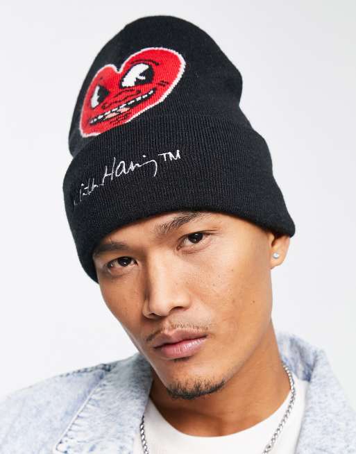 Bershka x Keith Haring heart beanie in black