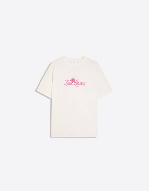Bershka Z. larsson print t-shirt in white, 4 of 4
