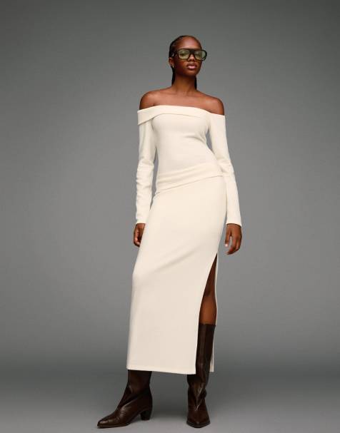 Bershka - Zacht gebreide midi rok in ecru - view 1