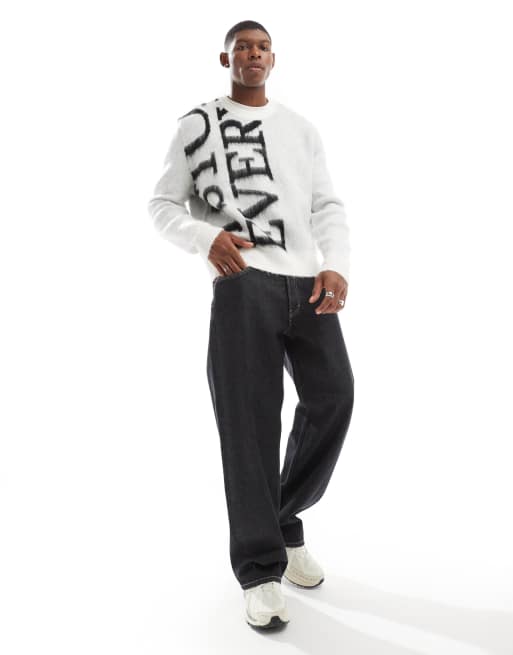 Bershka - Zachte gebreide trui met grafische print in wit