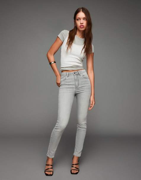 Bershka - Zachte skinny jeans met superhoge taille in lichtgrijs - view 1