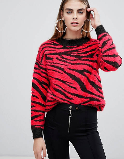 Bershka zebra print jumper in zebra red