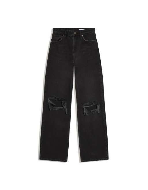 Bershka – Zerrissene Jeans in Schwarz mit hohem Bund, weitem Bein, 4 von 4