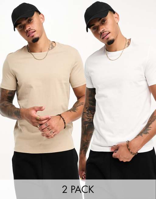 Bershka – Zestaw 2 T-shirtów o regularnym kroju w kolorach białym i szarobeżowym