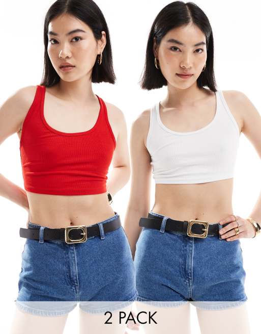 Bershka – Zestaw 2 topów z dekoltem w kształcie litery U w kolorze czerwonym i białym