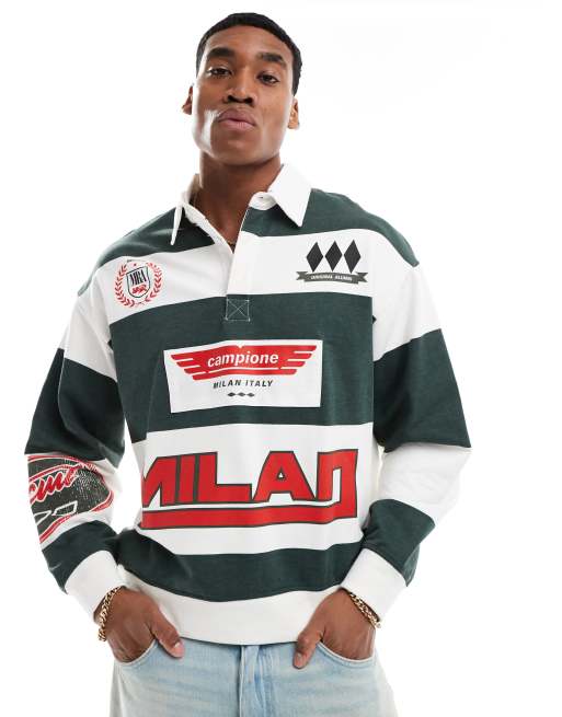 Bershka – Zielona koszulka polo w stylu rugby z motywami sportowymi retro 