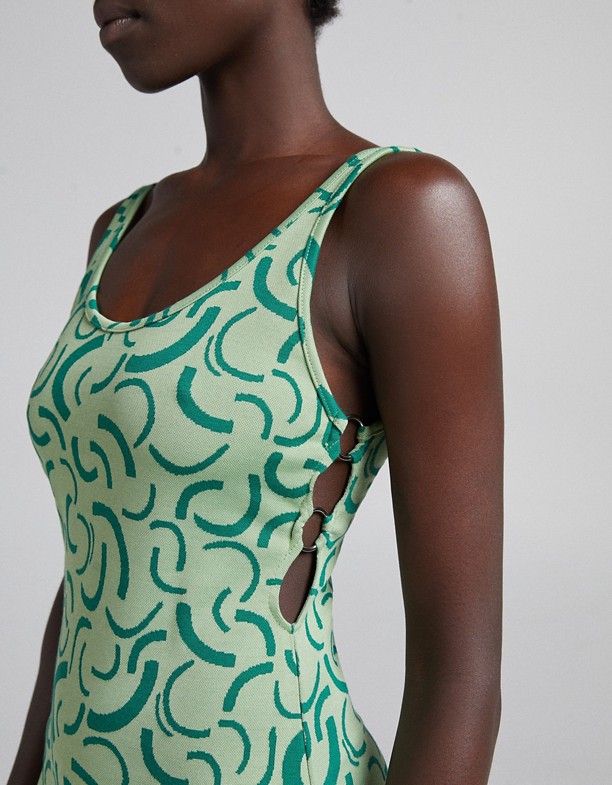Bershka – Zielona sukienka midi we wzÓr w stylu retro Zieleń Popularny 