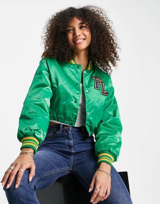 Bershka – Zielona uczelniana kurtka bomberka z satyny	