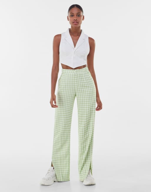 Bershka – Zielone spodnie w kratę vichy z rozcięciami