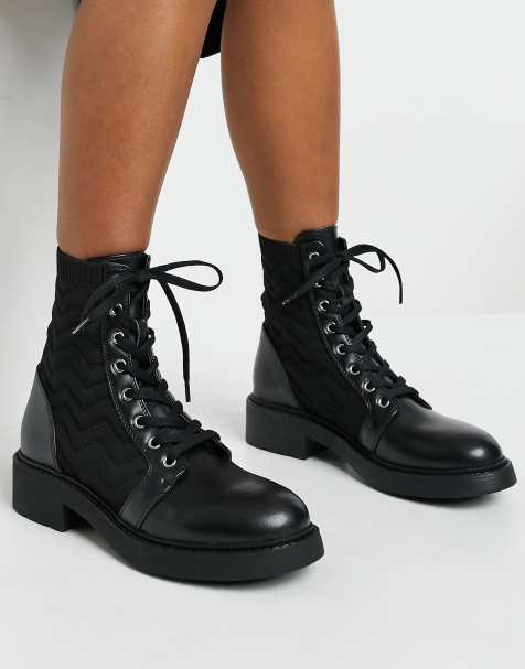 Womens Biker Boots Leather Lace Up Straps Asos