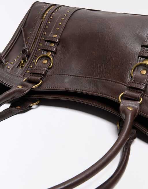 Bershka Zip and stud bag in brown, 3 of 5