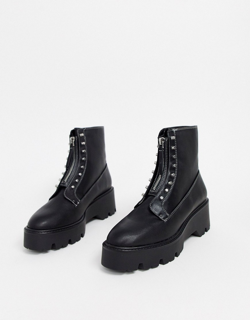 Bershka zip and stud detail chunky sole boots in black