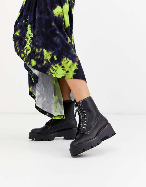 Bershka zip and stud detail chunky sole boots in black | ASOS