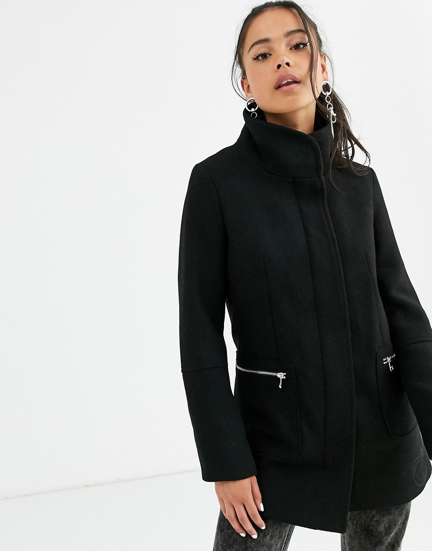 Bershka zip front coat in black