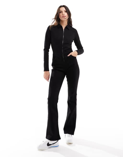 Long denim jumpsuit with long sleeves and zipper - Women