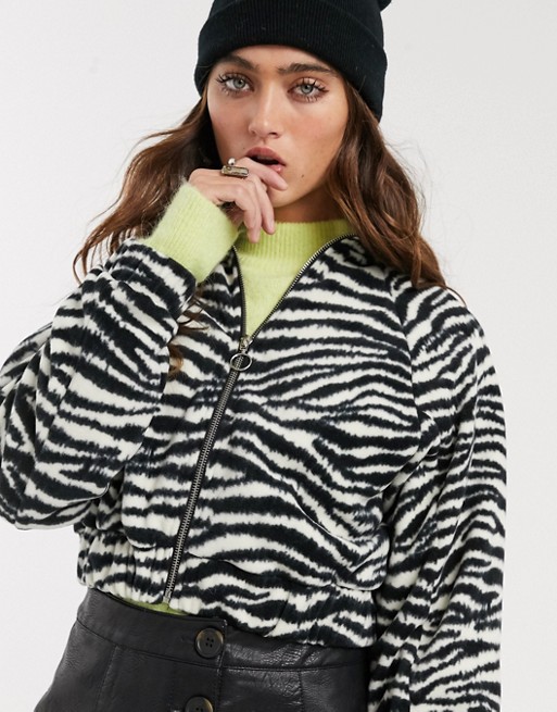 Bershka zip front fleece in zebra