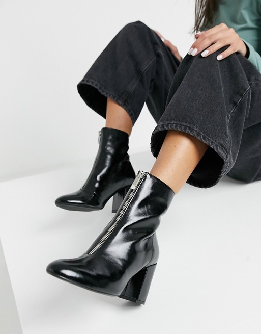 Bershka zip front heeled boot in black