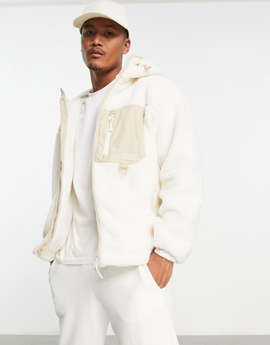 Bershka zip jacket in white teddy borg