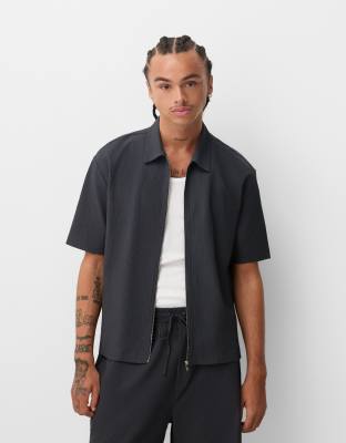 Bershka zip through cotton shirt in charcoal-Black