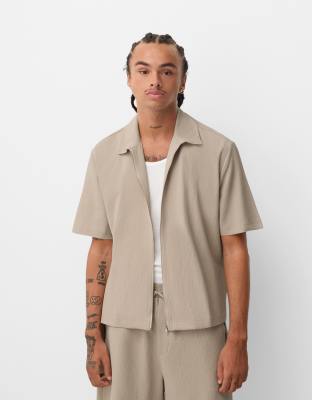 Bershka zip through cotton shirt in sand-Grey