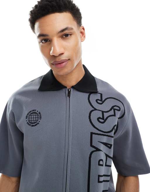 Bershka zip through knitted shirt with print in grey | ASOS