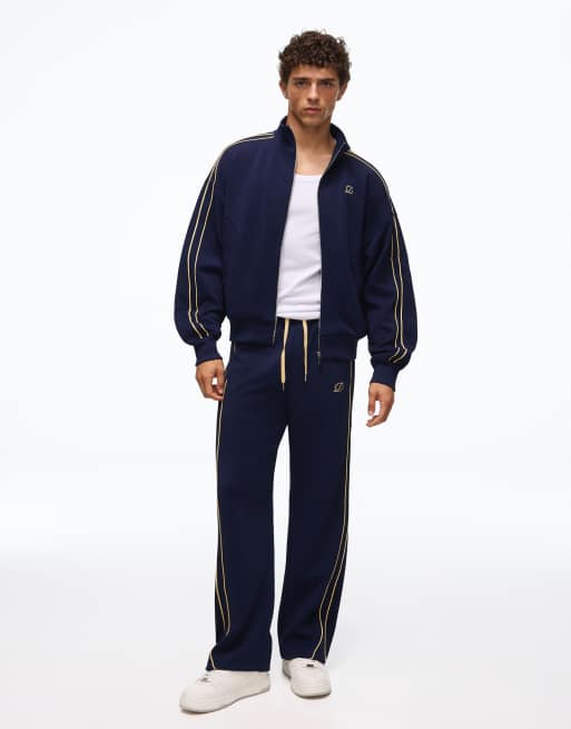 Bershka Zip-through piqué jacket with piping in navy, 3 of 5