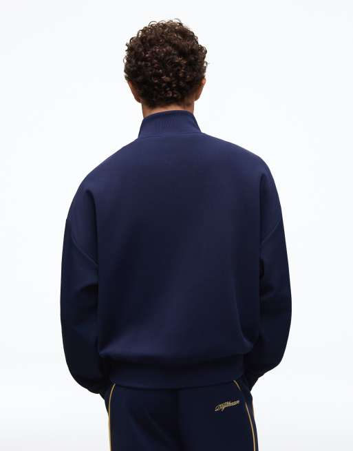Bershka Zip-through piqué jacket with piping in navy, 4 of 5