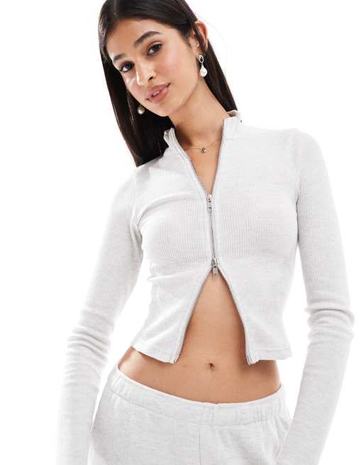 Bershka zip through waffle top in grey (part of a set)